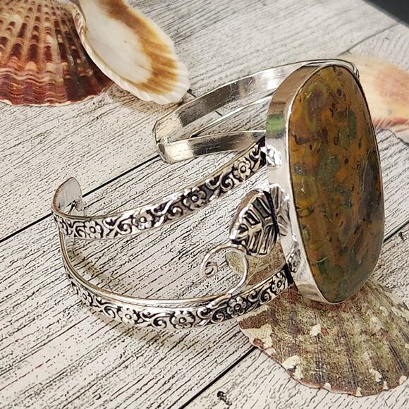 Wide Silver Cuff, Terra Harmony Earthy Color Jasper Cuff Bracelet - Picture 5 of 10